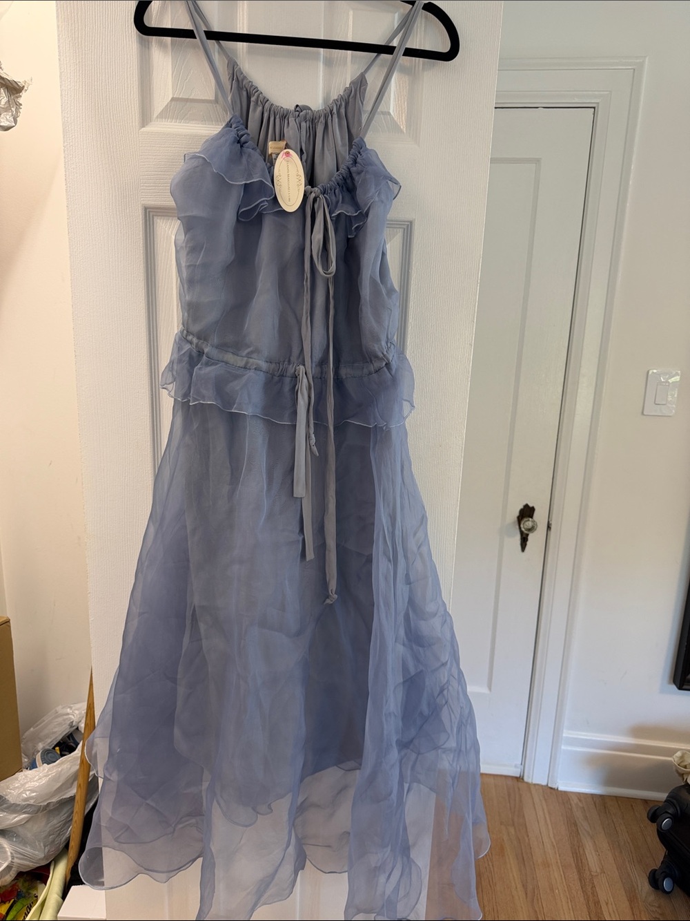 Blue Chiffon Midi Dress with Ruffle Details 100% silk